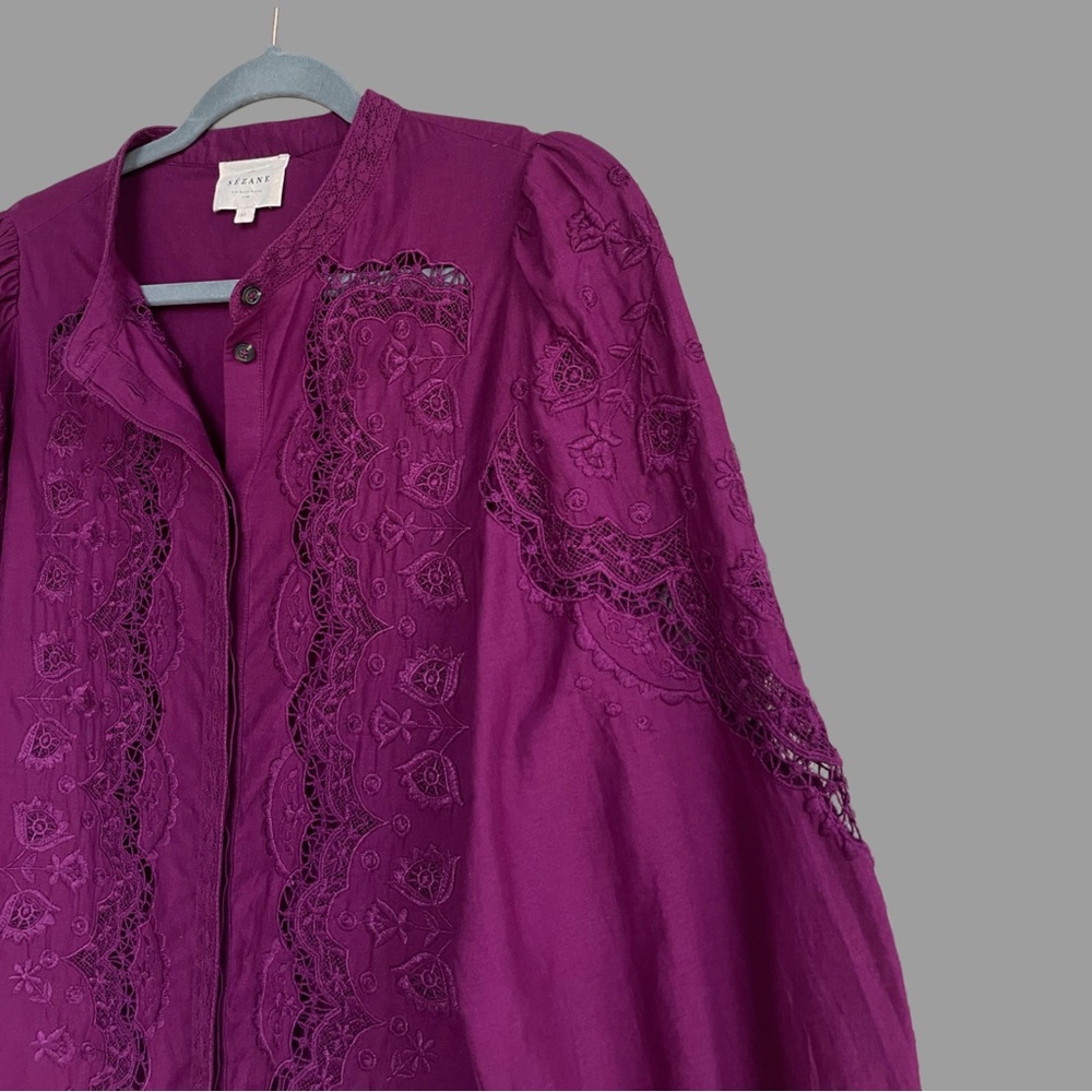 SEZANE Purple Boho Floral Embroidered Lace Button Down Shirt Honey Blouse Top - Picture 5 of 13